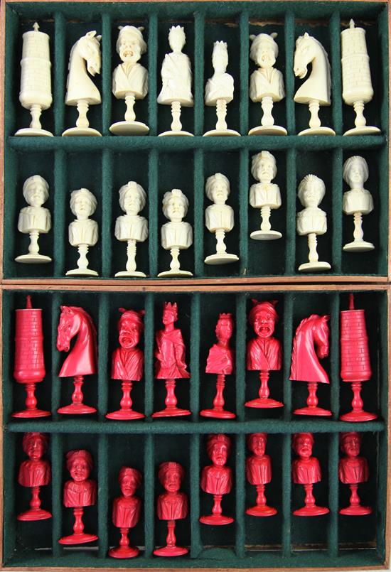 An 18th century French carved ivory Dieppe figural chess set,